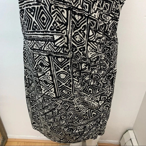 Miss Tina Faux Wrap Black Print Dress 4X Ruched  Stretch Knit Knee Length Office - Picture 3 of 11